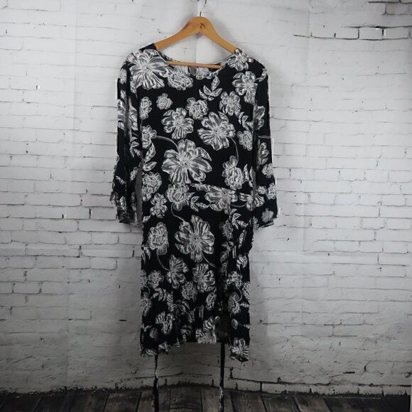 WHO WHAT WEAR BLACK & WHITE FLORAL LONG SLEEVE ROUND NECK TIE WAIST DRESS - Picture 1 of 11